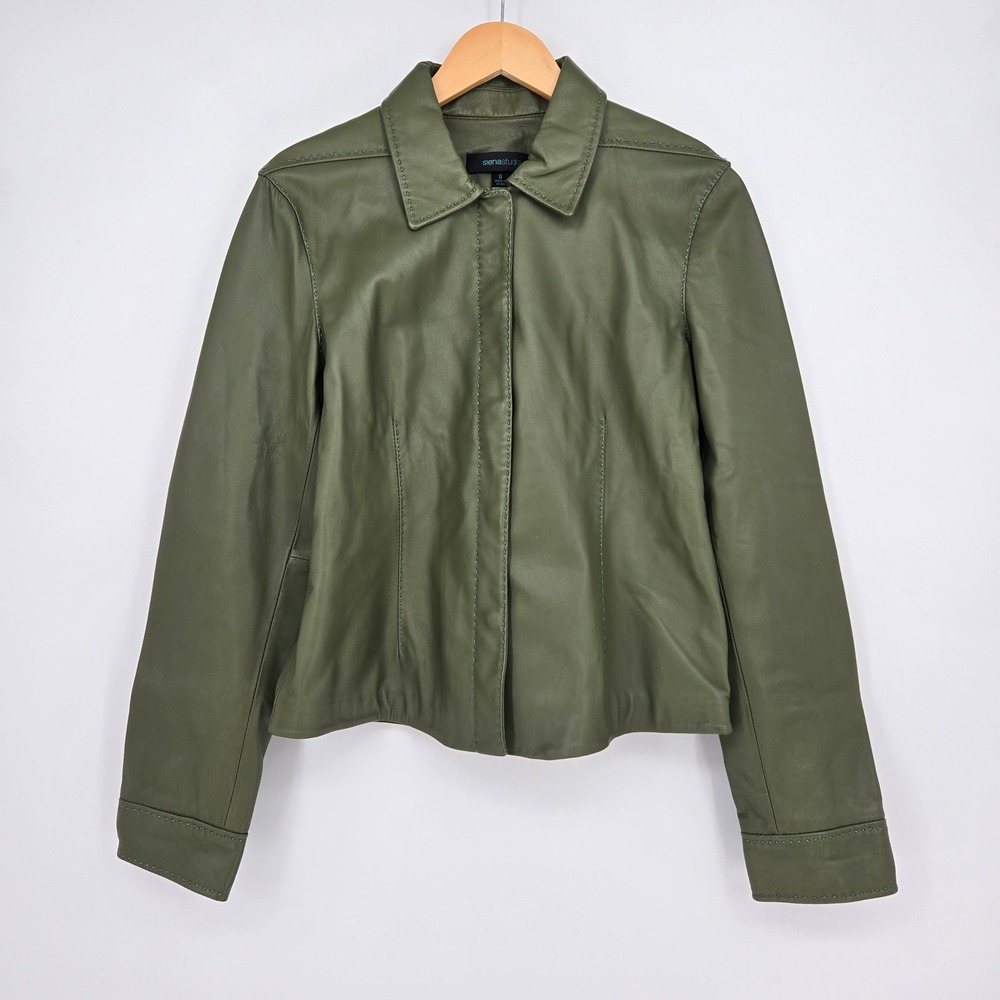 Siena Studio Womens 8 Leather Jacket Olive/Army Green Snap Front Collared